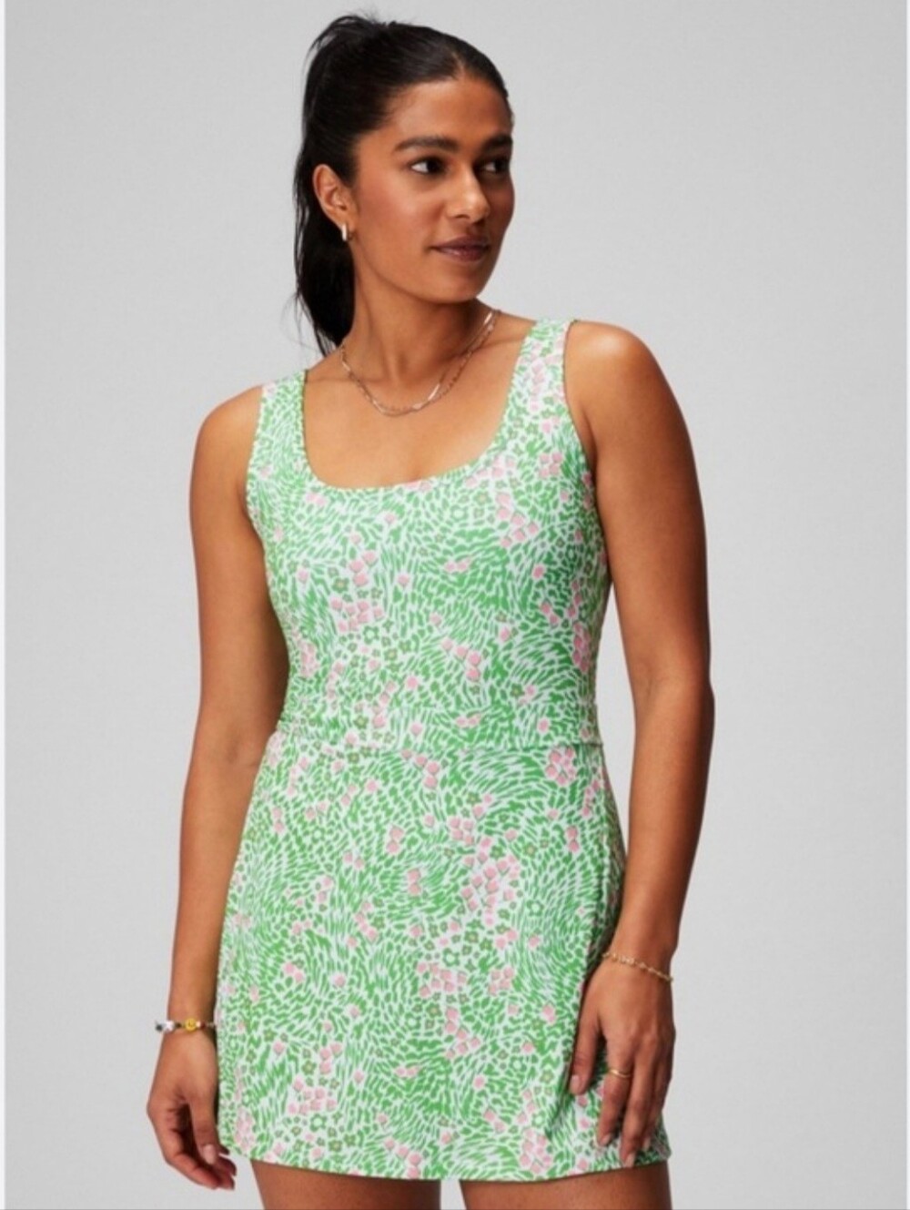 Fabletics XXXL Plus Size Green Pink Floral Athletic Dress Built In Bra Shorts